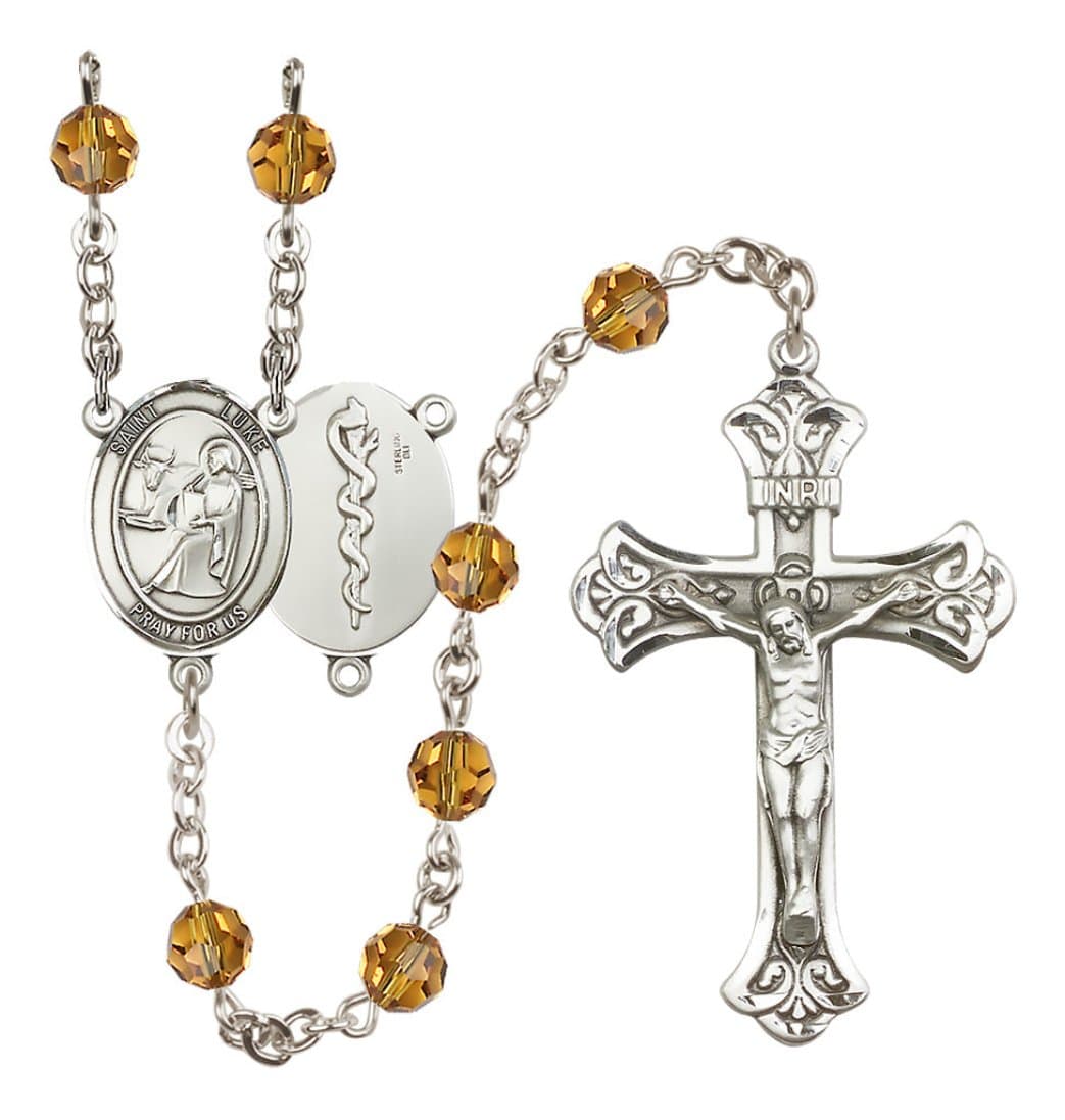 Bliss Doctor St Luke Sterling Silver Crystal Flared Crucifix Rosary in Topaz,