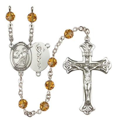 Doctor St Luke Sterling Silver Crystal Flared Crucifix Rosary in Topaz, Bliss Manufacturing