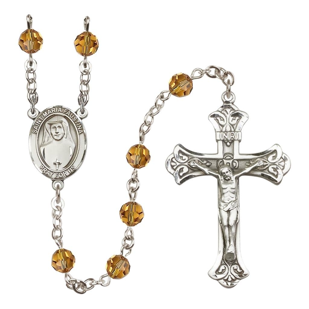 Bliss St. Maria Faustina 6mm Austrian Crystal Birthstone Sterling Silver Rosary in Topaz,