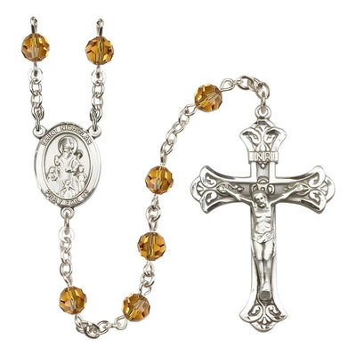 St. Nicholas Engravable Rosary with Sterling Silver Centerpiece and Scroll Design Crucifix, November Birthstone 6mm Topaz Austrian Crystal Beads, Bliss Manufacturing
