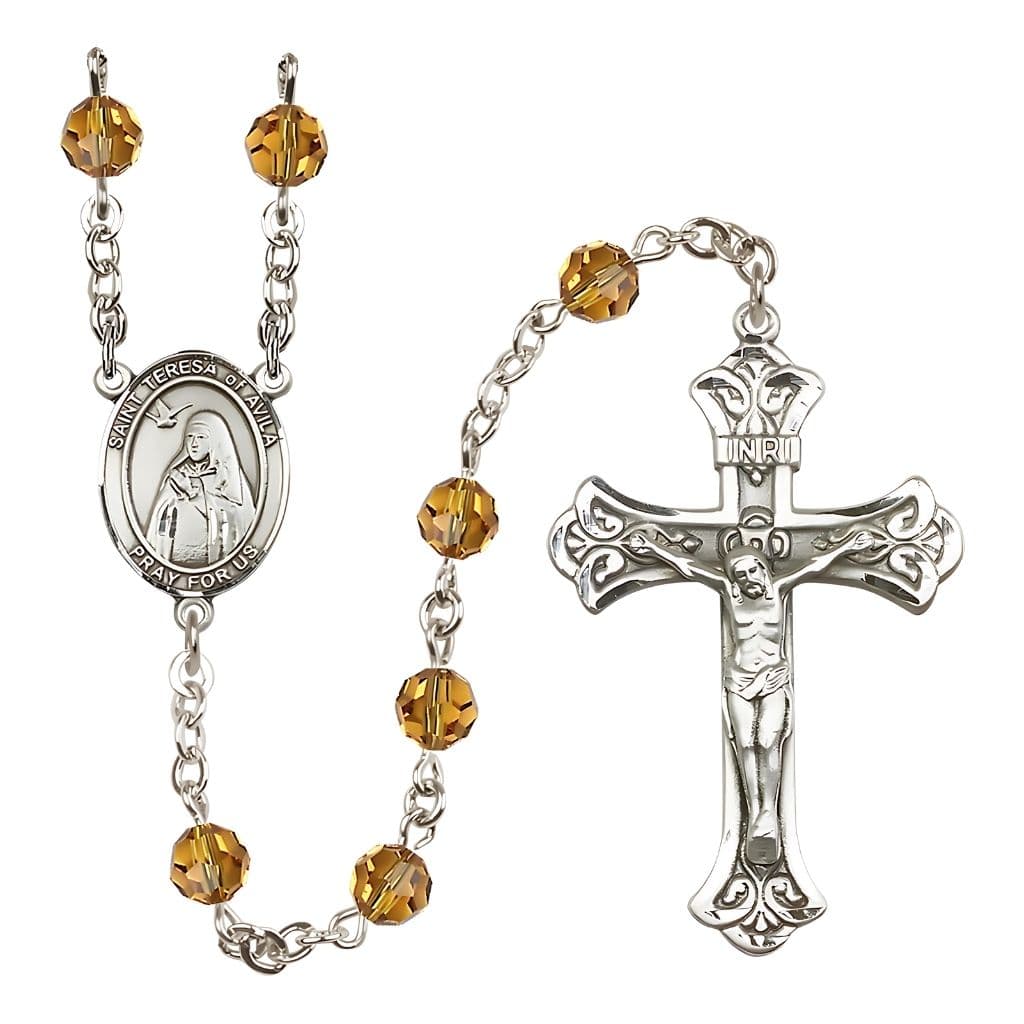Bliss St. Teresa of Avila 6mm Topaz Austrian Crystal Birthstone Sterling Silver Rosary
