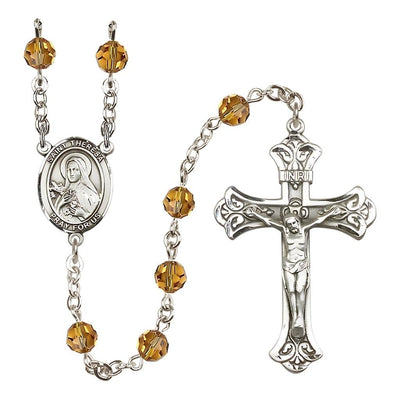 St. Theresa Topaz 6mm Austrian Crystal November Birthstone Sterling Silver Rosary with Sterling Centerpiece and Scroll Design Crucifix, Bliss Manufacturing