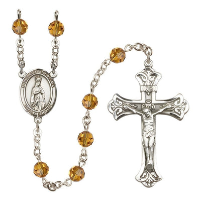 Our Lady of Fatima Engravable Rosary with Sterling Silver Crucifix and Centerpiece, Birthstone 6mm Austrian Crystal Topaz Beads for November, Bliss Manufacturing