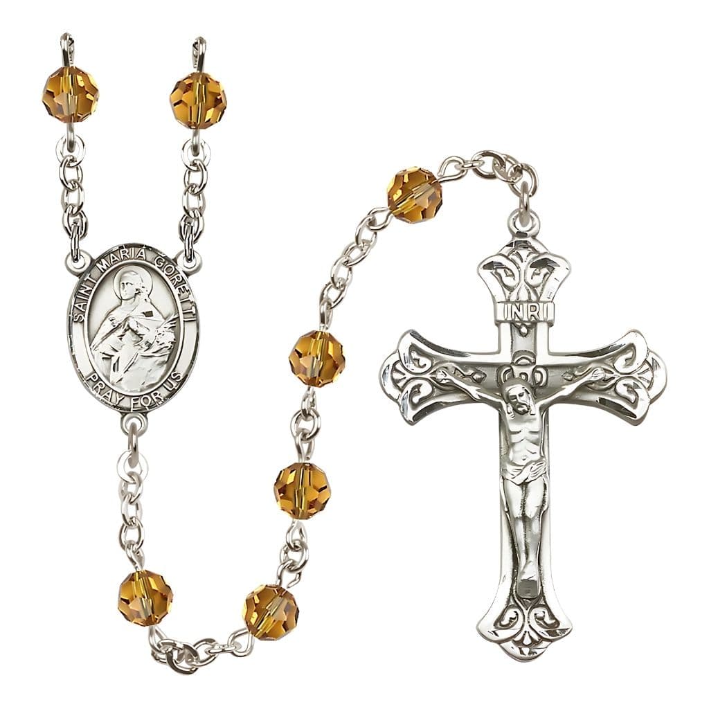 Bliss St. Maria Goretti Sterling Silver 6mm Austrian Crystal Rosary in Topaz,