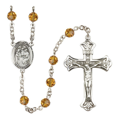 Holy Family Engravable Rosary with Sterling Silver Crucifix and Centerpiece, Birthstone 6mm Austrian Crystal Topaz Beads for November, Bliss Manufacturing