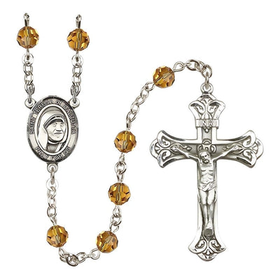 St. Teresa of Calcutta Sterling Silver Engraving Rosary, Birthstone Topaz 6mm Austrian Crystal Beads, Bliss Manufacturing