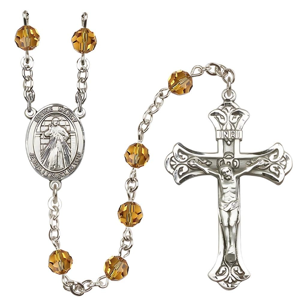 Bliss Jesus Divine Mercy Engravable Rosary with Sterling Silver Scroll Crucifix and Centerpiece, Birthstone 6mm Austrian Crystal Topaz Beads for November