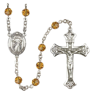 Jesus Divine Mercy Engravable Rosary with Sterling Silver Scroll Crucifix and Centerpiece, Birthstone 6mm Austrian Crystal Topaz Beads for November, Bliss Manufacturing