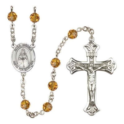 Spanish Rosa Mystica Rosary with Sterling Silver Scroll Crucifix and Centerpiece, Birthstone 6mm Austrian Crystal Topaz Beads for November