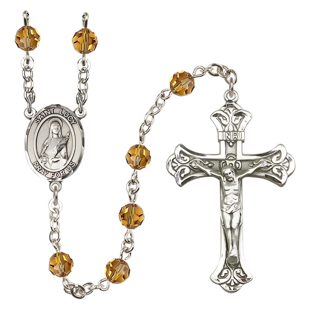 Bliss St. Lucy Rosary with 6mm Topaz Austrian Crystal Beads and Sterling Silver in gift box,