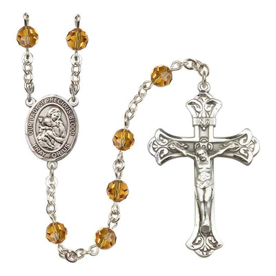 Our Lady of the Precious Blood Rosary with Sterling Silver Scroll Crucifix and Centerpiece, Birthstone 6mm Austrian Crystal Topaz Beads for November