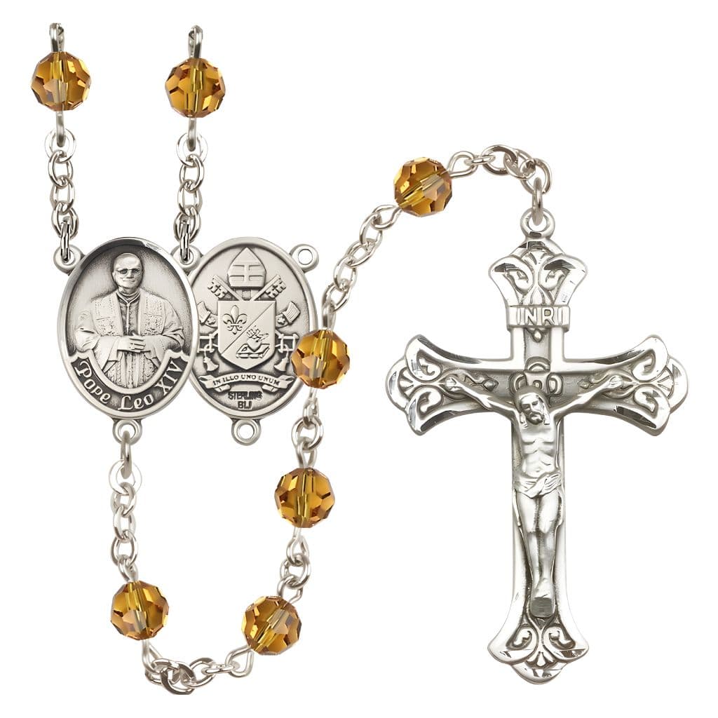 Bliss Pope Leo XIV Engravable Rosary with Sterling Silver Scallop Edge Crucifix and Centerpiece, Birthstone 6mm Austrian Crystal Topaz Beads for November
