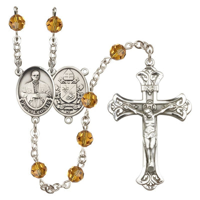 Pope Leo XIV Engravable Rosary with Sterling Silver Scallop Edge Crucifix and Centerpiece, Birthstone 6mm Austrian Crystal Topaz Beads for November, Bliss Manufacturing