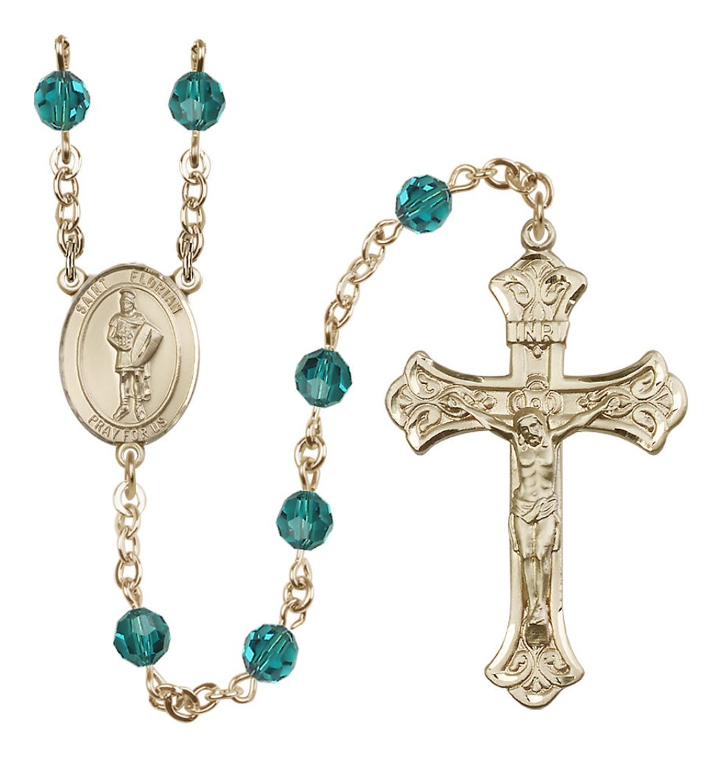 Bliss Manufacturing St Florian Gold-filled Crystal Flared Crucifix Birthstone Rosary in Zircon,