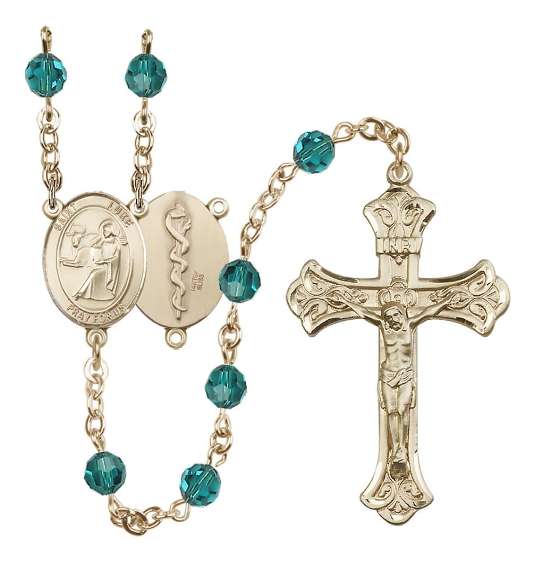 Bliss Doctor St Luke Gold-filled Crystal Flared Crucifix Rosary in Zircon,