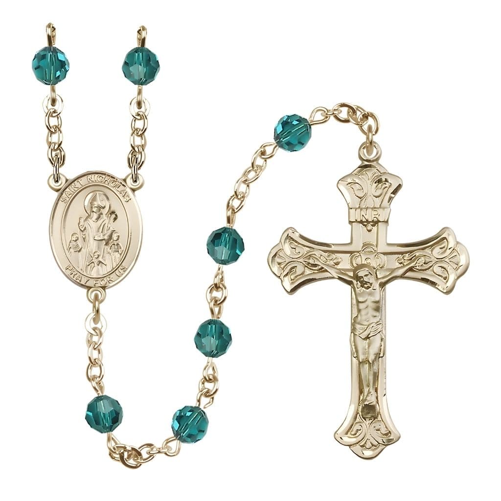 Bliss St. Nicholas Engravable Rosary with 14kt Gold-filled Centerpiece and Scroll Design Crucifix, December Birthstone 6mm Zircon Austrian Crystal Beads