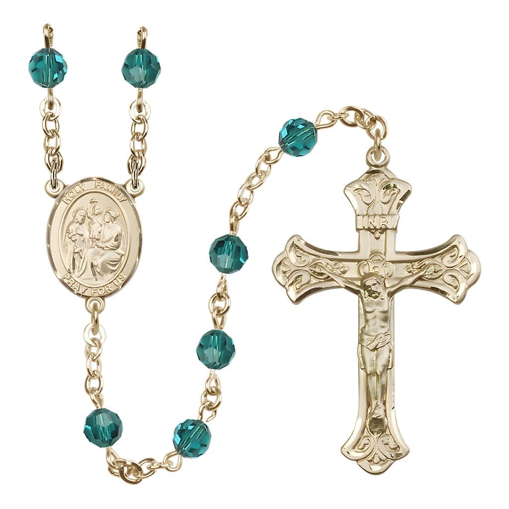Bliss Holy Family Engravable Rosary with 14kt Gold-filled Crucifix and Centerpiece, Birthstone 6mm Austrian Crystal Zircon Beads for December