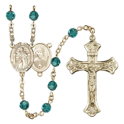 Jesus Divine Mercy Engravable Rosary with Gold-filled Scroll Design Crucifix and Centerpiece, Birthstone 6mm Austrian Crystal Zircon Beads for December, Bliss Manufacturing