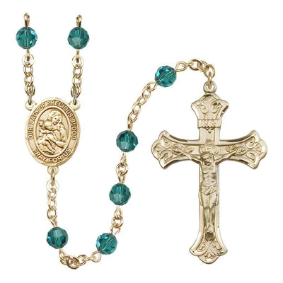 Our Lady of the Precious Blood Rosary with Gold-filled Scroll Crucifix and Centerpiece, Birthstone 6mm Austrian Crystal Zircon Beads for December