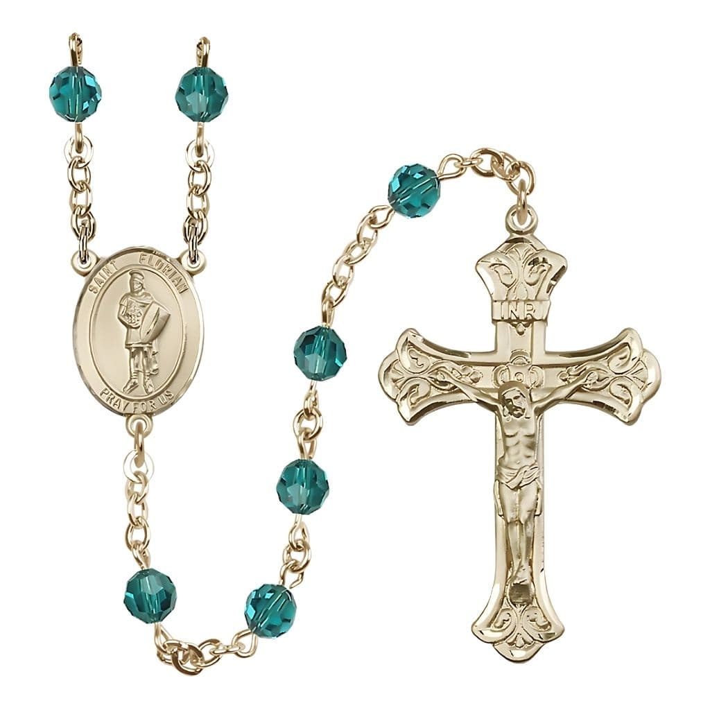 Bliss St. Florian 14kt Gold Scalloped Tip Crucifix Crystal Rosary with Zircon Beads,