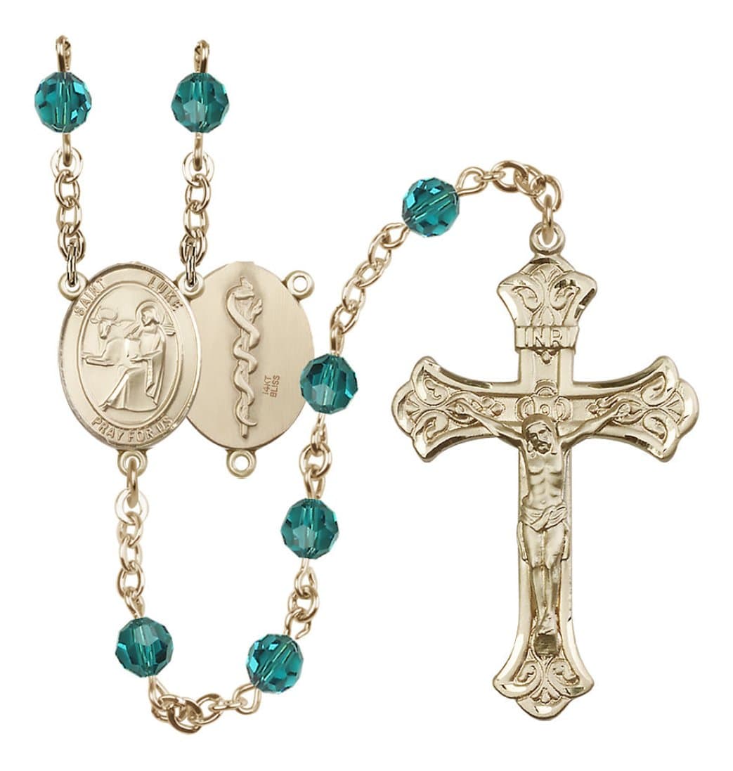 Bliss Doctor St Luke 14kt Gold Flared Tip Crucifix Crystal Rosary in Dec/Zircon,