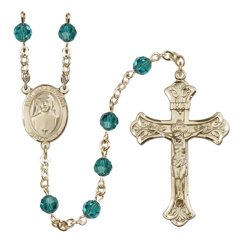 Bliss St. Maria Faustina 14kt Gold Birthstone 6mm Zircon Engravable Rosary with Gold Centerpiece and Crucifix,