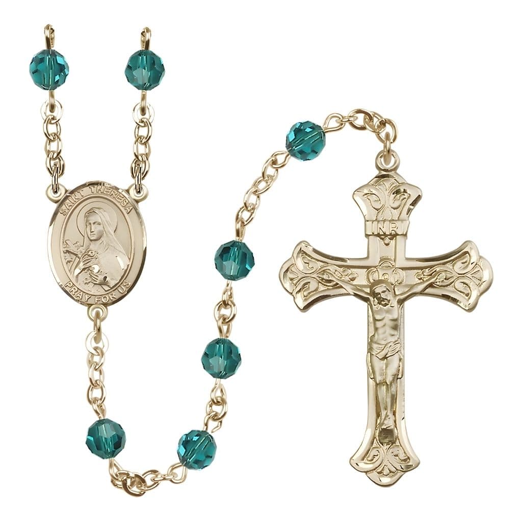 Bliss St. Theresa Zircon 6mm Austrian Crystal FZircon Birthstone 14kt Gold Rosary with Centerpiece and Scroll Design Crucifix