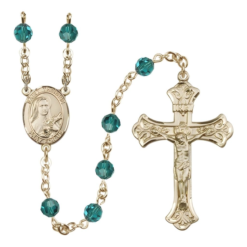 Bliss St. Therese of Lisieux 6mm Zircon Austrian Crystal Birthstone 14kt Gold Rosary with Scroll Design Crucifix