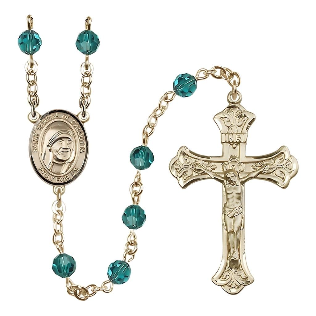 Bliss St. Teresa of Calcutta Crystal 14kt Gold Rosary with 6mm Zircon Austrian crystal beads,