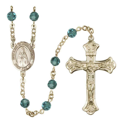 Our Lady of Rosa Mystica Rosary with 14kt Gold Scroll Crucifix and Centerpiece, Birthstone 6mm Austrian Crystal Zircon Beads for December