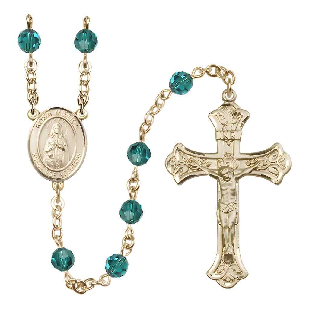 Rosa Mystica Rosary with 14kt Gold Scroll Crucifix and Centerpiece, Birthstone 6mm Austrian Crystal Zircon Beads for December | Bliss Manufacturing