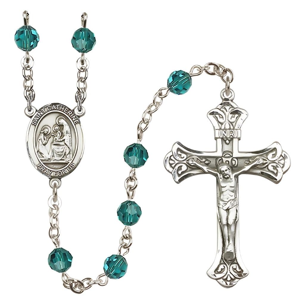 Bliss St. Catherine of Siena Engravable Rosary with Sterling Silver Crucifix and Centerpiece, Birthstone 6mm Austrian Crystal Zircon Beads for December