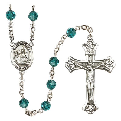 St. Catherine of Siena Engravable Rosary with Sterling Silver Crucifix and Centerpiece, Birthstone 6mm Austrian Crystal Zircon Beads for December, Bliss Manufacturing