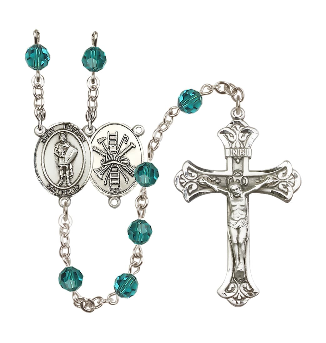 December Zircon Bliss Manufacturing St Florian Firefighter Sterling Silver Crystal Flared Crucifix Birthstone Rosary,