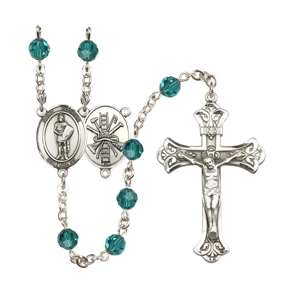 December Zircon Bliss Manufacturing St Florian Firefighter Sterling Silver Crystal Flared Crucifix Birthstone Rosary,