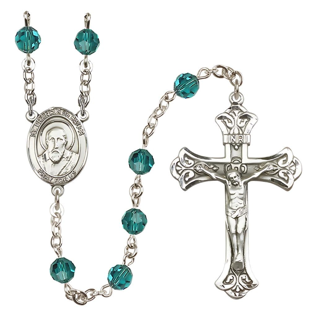 Bliss St. Francis de Sales Rosary with 6mm Zircon Austrian Crystal Beads and Sterling Silver in gift box,