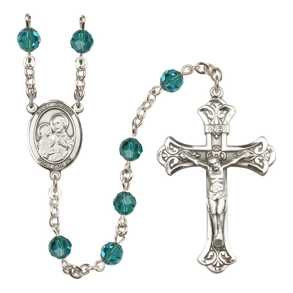St. Joseph Rosary with Sterling Silver Scroll Crucifix and Centerpiece, Birthstone 6mm Austrian Crystal Zircon Beads for December