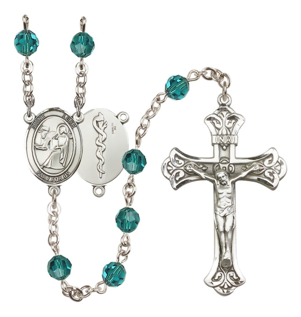 Bliss Doctor St Luke Sterling Silver Crystal Flared Crucifix Rosary in Zircon,