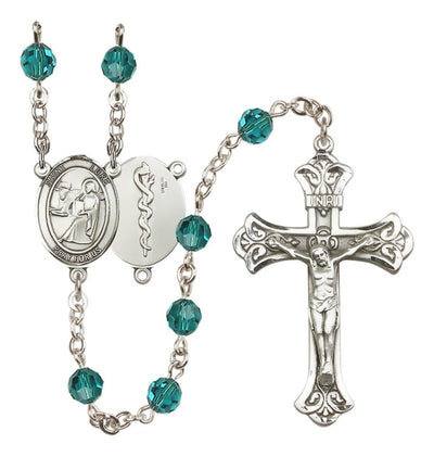 Doctor St Luke Sterling Silver Crystal Flared Crucifix Rosary in Zircon, Bliss Manufacturing