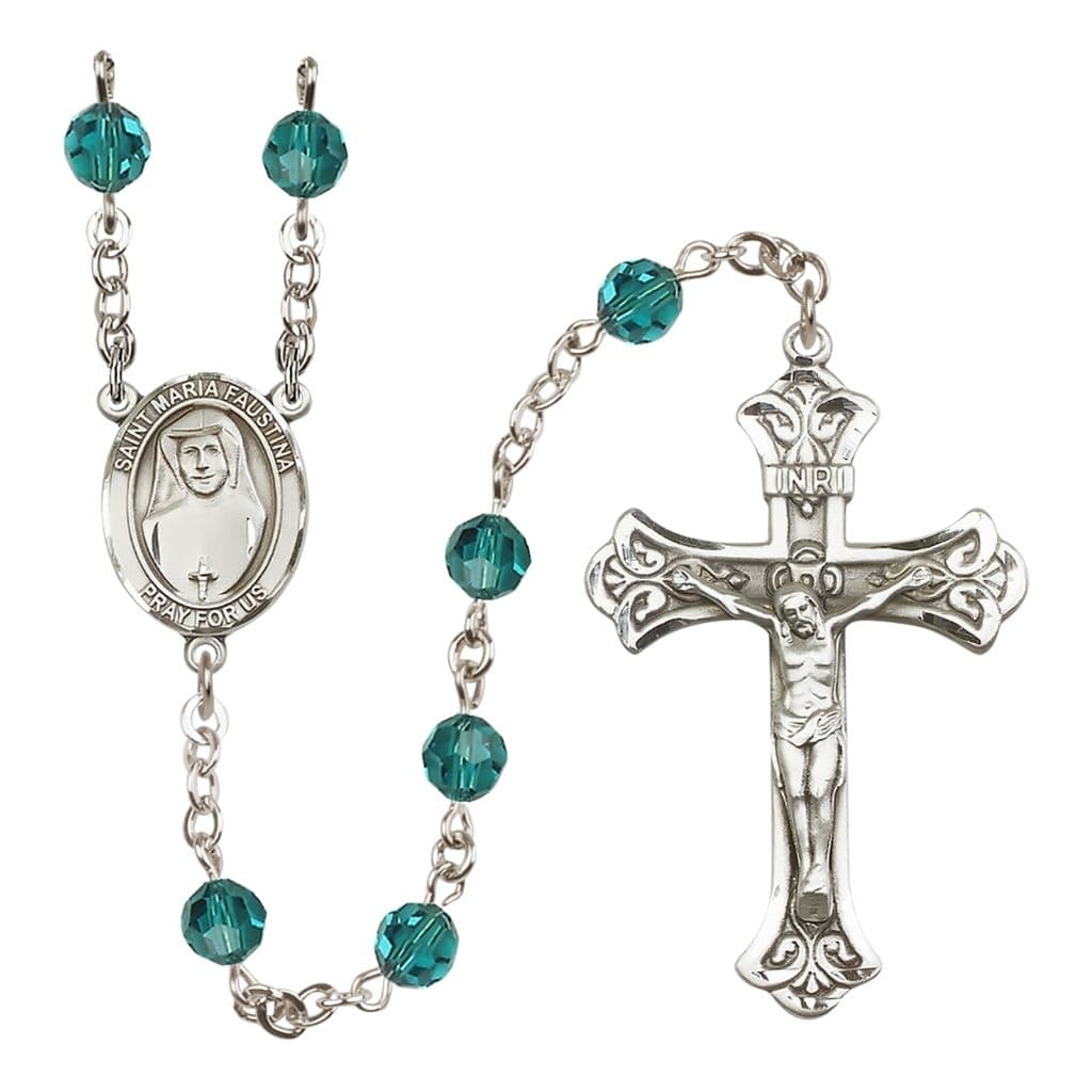 Bliss St. Maria Faustina 6mm Austrian Crystal Birthstone Sterling Silver Rosary in Zircon,