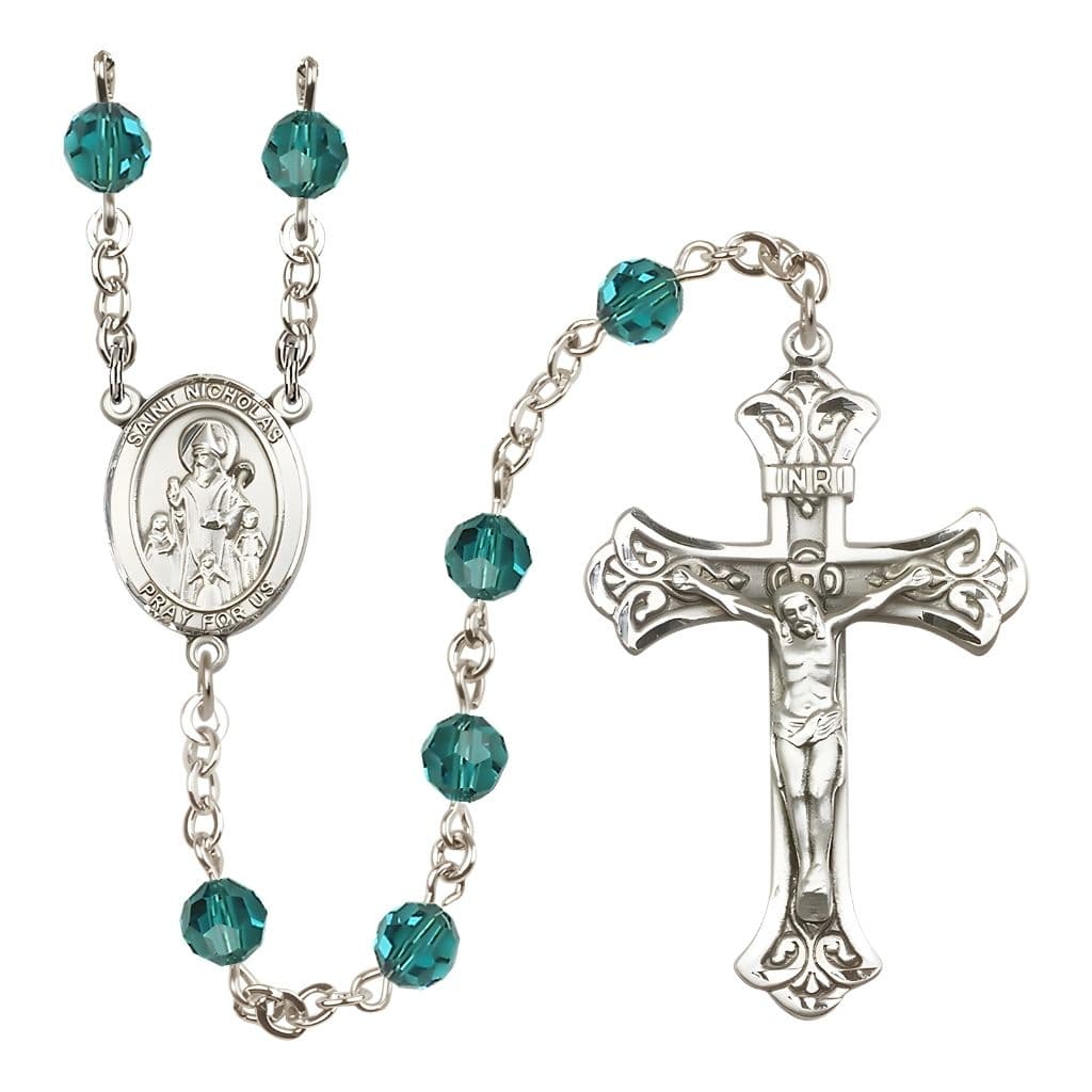 Bliss St. Nicholas Engravable Rosary with Sterling Silver Centerpiece and Scroll Design Crucifix, December Birthstone 6mm Zircon Austrian Crystal Beads