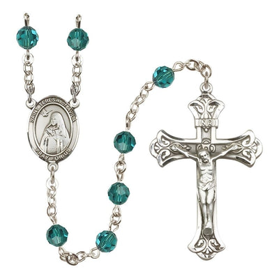 St. Teresa of Avila 6mm Zircon Austrian Crystal Birthstone Sterling Silver Rosary, Bliss Manufacturing