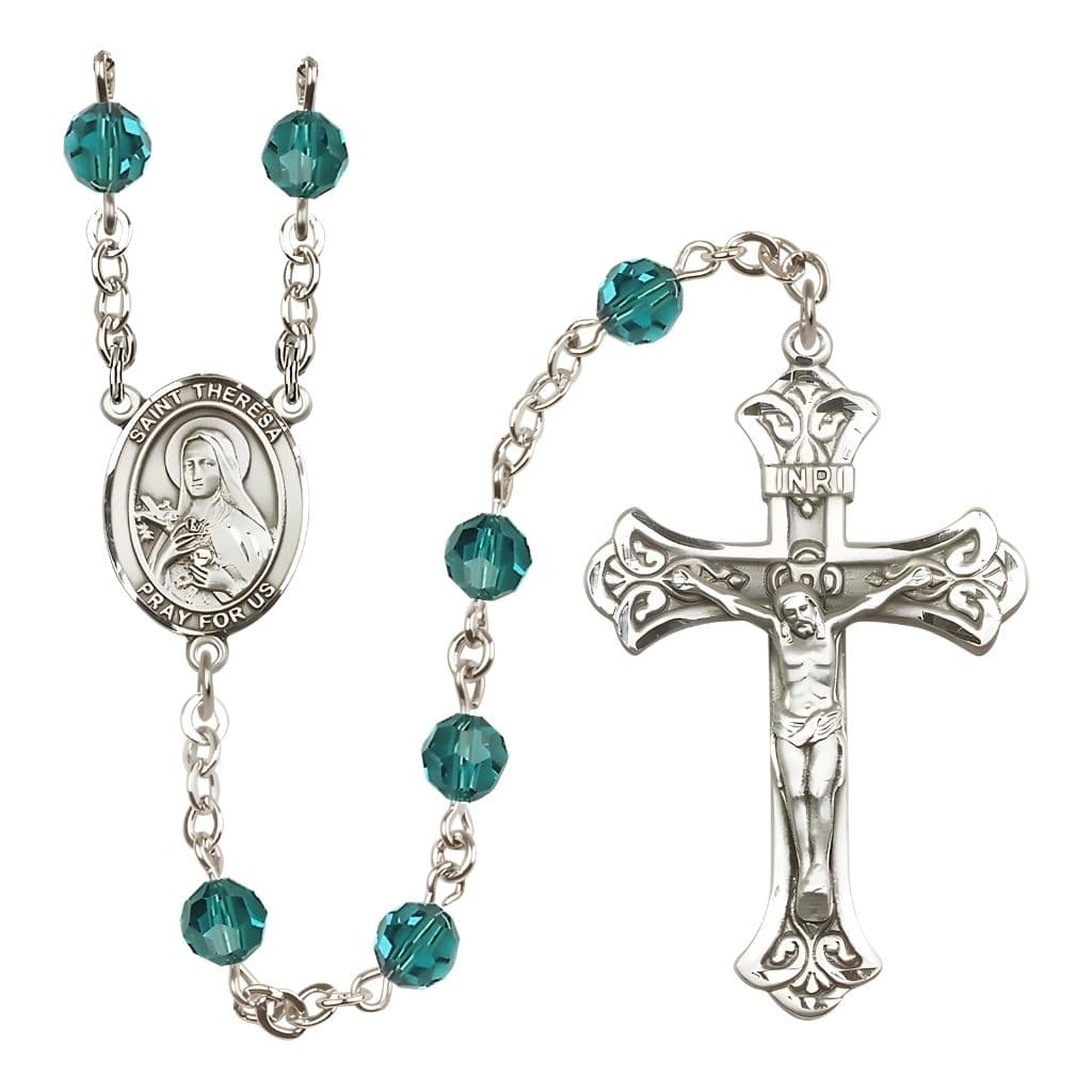 Bliss St. Theresa Zircon 6mm Austrian Crystal December Birthstone Sterling Silver Rosary with Sterling Centerpiece and Scroll Design Crucifix