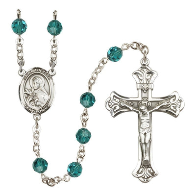 St. Theresa Zircon 6mm Austrian Crystal December Birthstone Sterling Silver Rosary with Sterling Centerpiece and Scroll Design Crucifix, Bliss Manufacturing