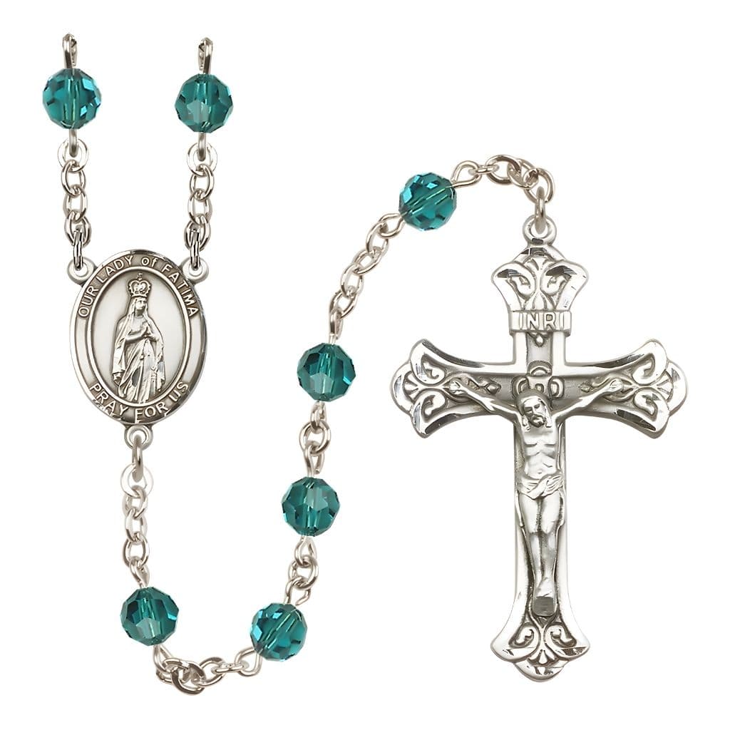 Bliss Our Lady of Fatima Engravable Rosary with Sterling Silver Crucifix and Centerpiece, Birthstone 6mm Austrian Crystal Zircon Beads for December