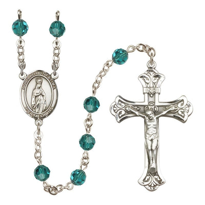 Our Lady of Fatima Engravable Rosary with Sterling Silver Crucifix and Centerpiece, Birthstone 6mm Austrian Crystal Zircon Beads for December, Bliss Manufacturing