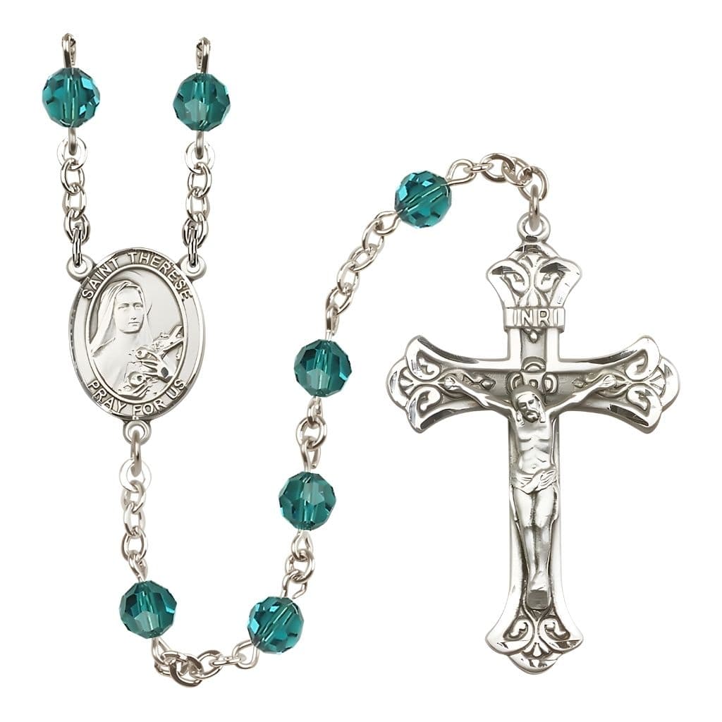 Bliss St. Therese of Lisieux Engravable Rosary with Sterling Silver Centerpiece and Scroll Design Crucifix, December Birthstone 6mm Zircon Austrian Crystal Beads