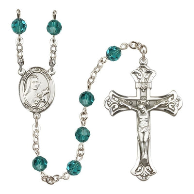 St. Therese of Lisieux Engravable Rosary with Sterling Silver Centerpiece and Scroll Design Crucifix, December Birthstone 6mm Zircon Austrian Crystal Beads, Bliss Manufacturing