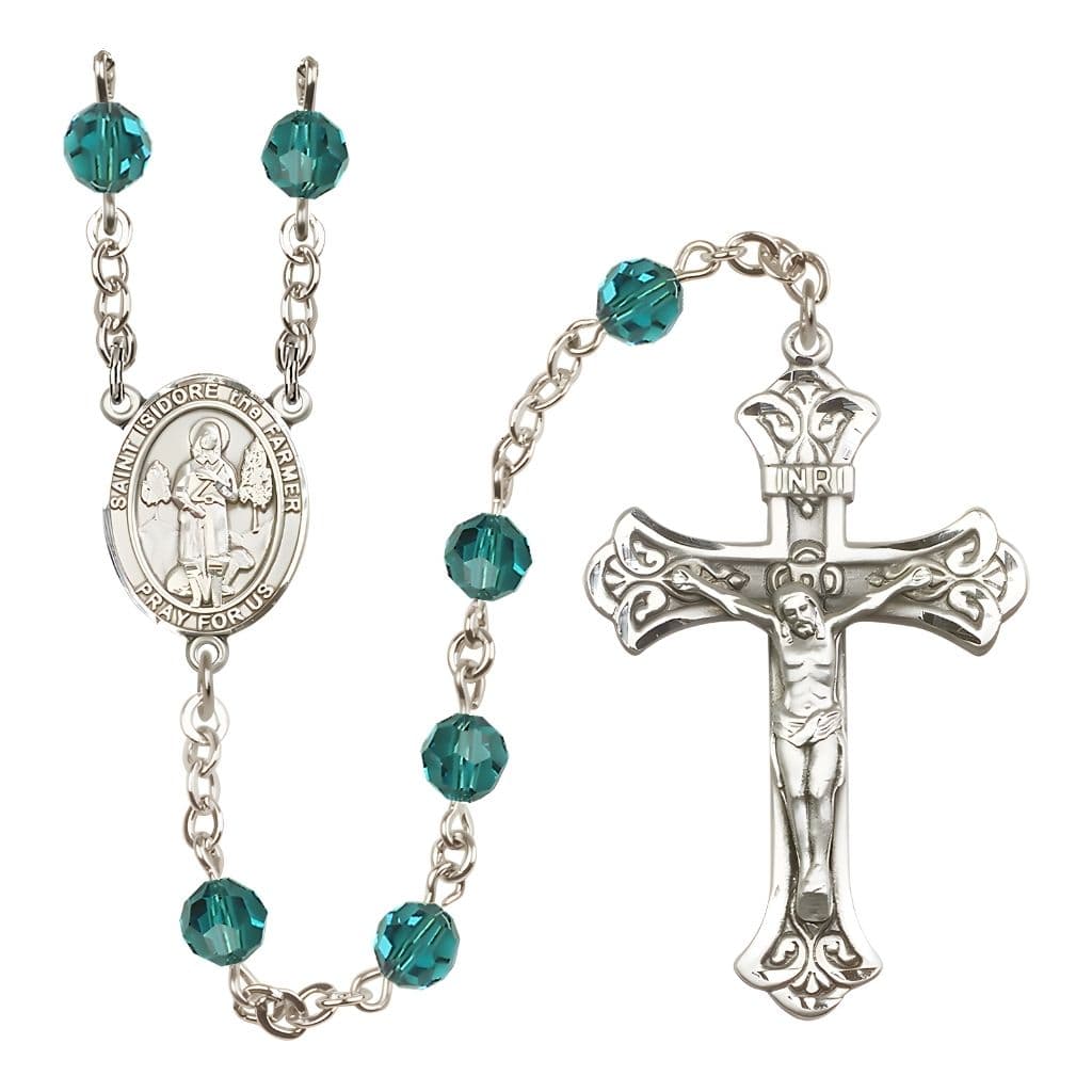 Bliss St. Isidore the Farmer Engravable Rosary with Sterling Silver Scroll Crucifix and Centerpiece, Birthstone 6mm Austrian Crystal Zircon Beads for December