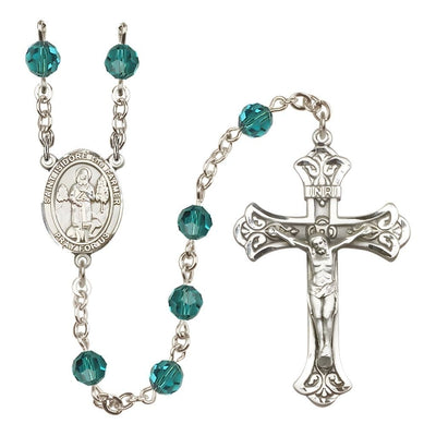 St. Isidore the Farmer Engravable Rosary with Sterling Silver Scroll Crucifix and Centerpiece, Birthstone 6mm Austrian Crystal Zircon Beads for December, Bliss Manufacturing
